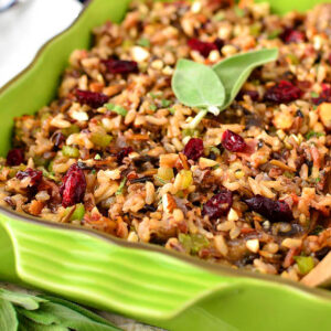 wild rice stuffing in a baking dish