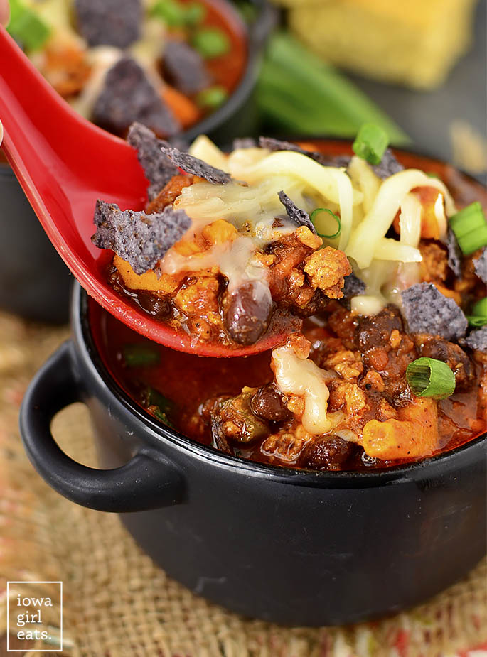 Sweet Potato, Poblano and Chorizo Chili is a southwest twist on classic chili with just the right amount of spice. Quick and easy to whip up, too! | iowagirleats.com