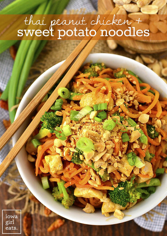 Thai Peanut Chicken and Sweet Potato Noodles are a healthy and gluten-free twist on your favorite Thai takeout order. Easy, colorful, and delicious! | iowagirleats.com
