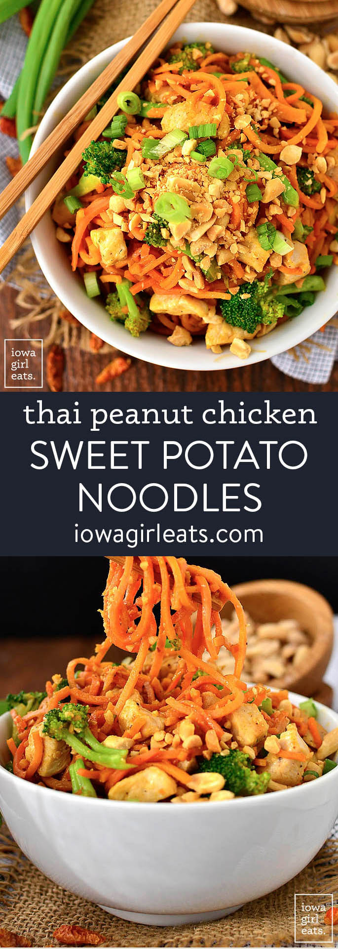 Photo collage of Thai peanut chicken sweet potato noodles