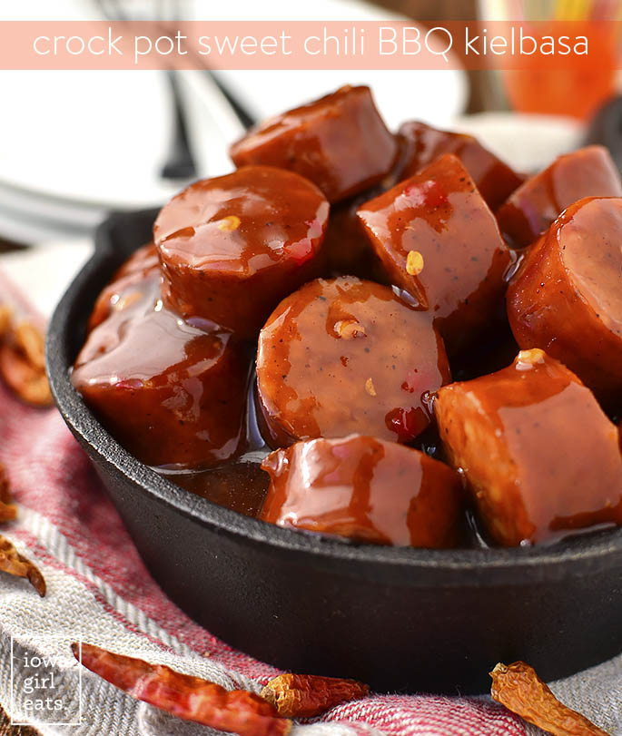 Crock Pot Sweet Chili BBQ Kielbasa is a 3 ingredient gluten-free appetizer recipe that couldn't be simpler. Perfect for parties and game day! | iowagirleats.com