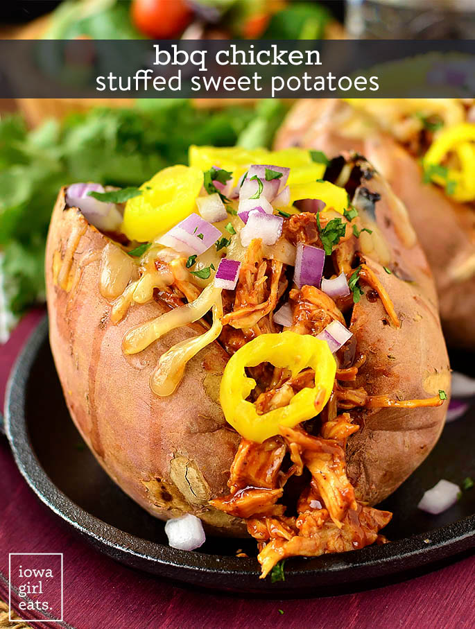 baked sweet potatoes stuffed with bbq chicken