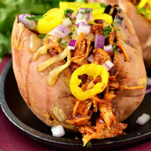 baked sweet potatoes stuffed with bbq chicken