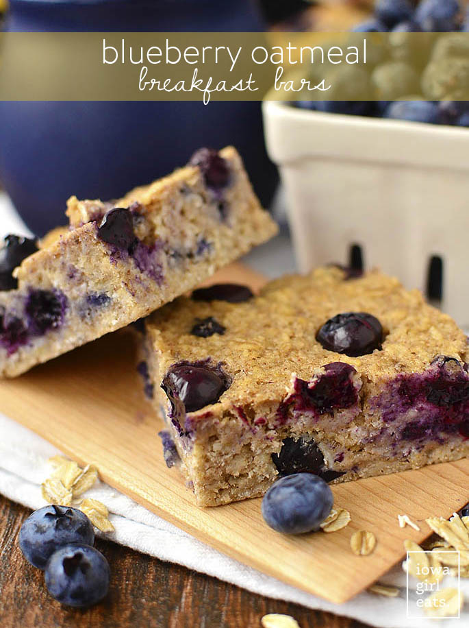 Blueberry Oatmeal Breakfast Bars are a healthy bowl of oatmeal in bar form! Keep these refined-sugar-free and gluten-free breakfast bars on hand for a healthy, on-the-go breakfast or snack option. | iowagirleats.com