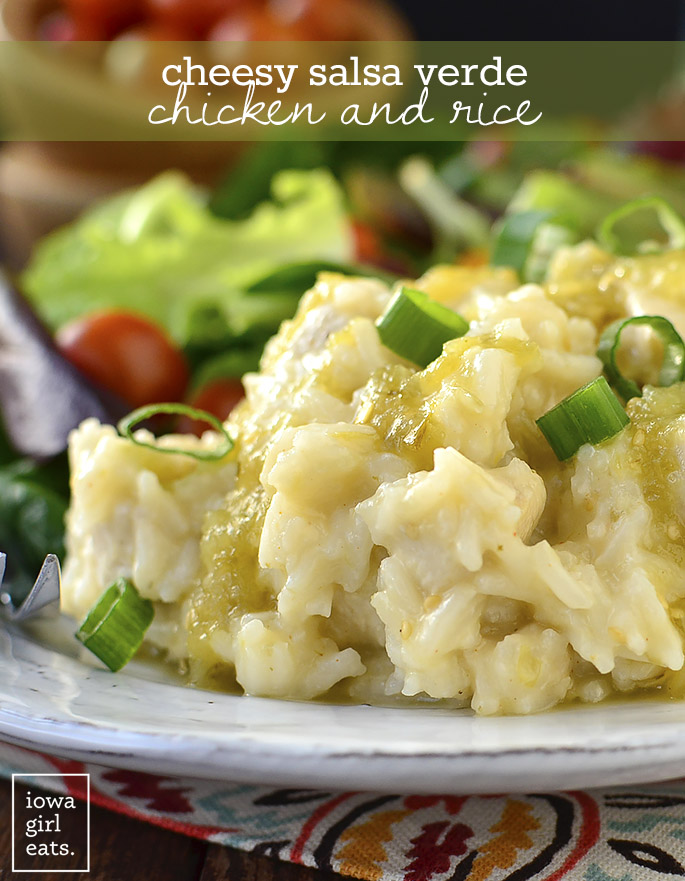 5-Ingredient Cheesy Salsa Verde Chicken and Rice is a one pan, 20 minute, gluten-free dinner recipe that will leave you licking your plate clean! | iowagirleats.com