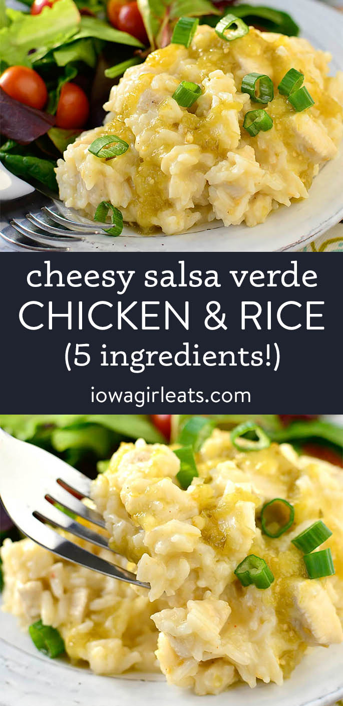 photo collage of cheesy salsa verde chicken and rice
