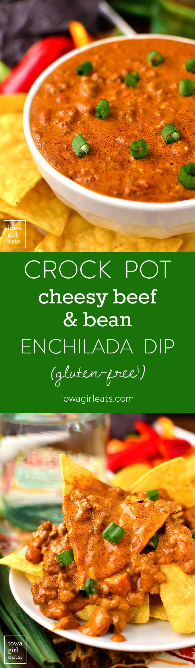 Crock Pot Cheesy Beef and Bean Enchilada Dip is a delectable gluten-free dip that's cheesy and savory. Perfect for game day or parties! | iowagirleats.com