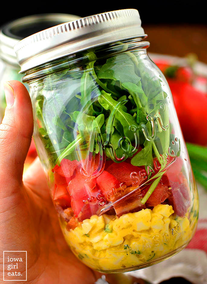 layered BLT egg salad in a jason jar
