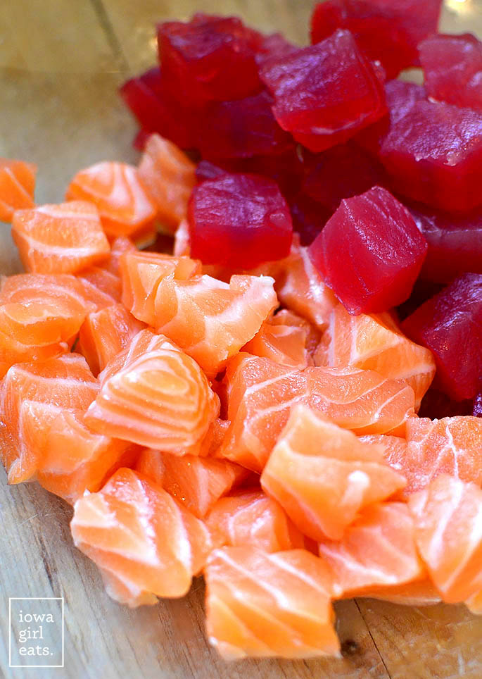 diced raw salmon and tuna in a bowl