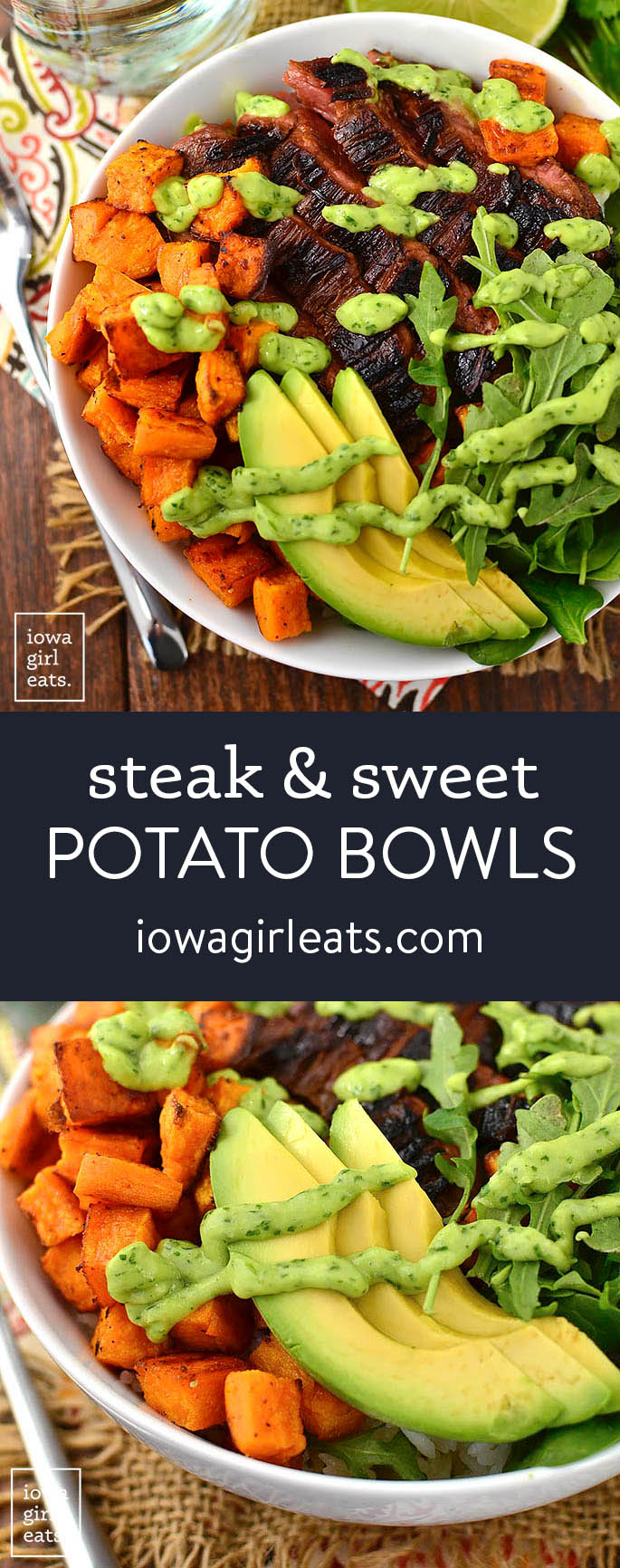 Photo collage of steak and sweet potato bowls