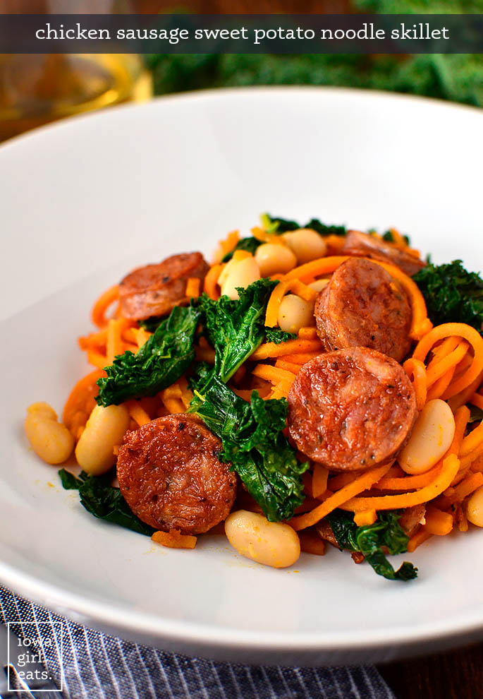 chicken sausage kale and white beans with sweet potato noodles