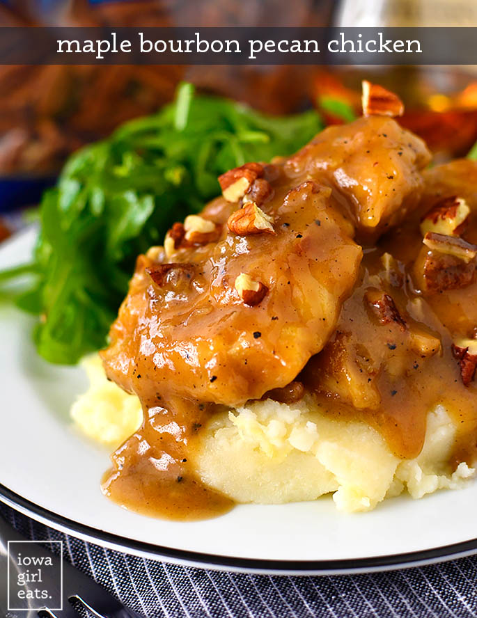 maple bourbon pecan chicken over mashed potatoes
