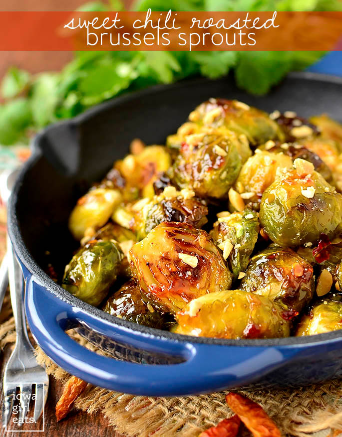 Sweet Chili Roasted Brussels Sprouts in a skillet