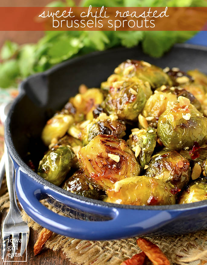 Dinner just got interesting! Sweet Chili Roasted Brussels Sprouts are simple yet so scrumptious. The perfect gluten-free side dish to liven up any ho hum meal. | iowagirleats.com