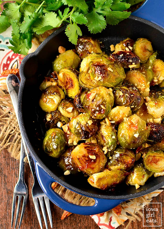 skillet full of Sweet Chili Roasted Brussels Sprouts