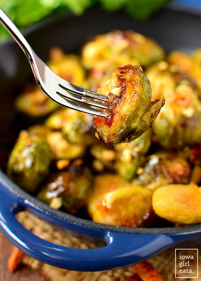 fork taking a bite of a Sweet Chili Roasted Brussels Sprout