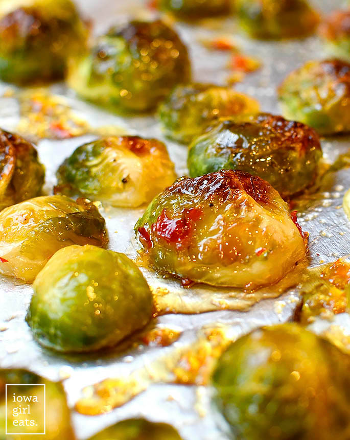 Sweet Chili Roasted Brussels Sprouts on a baking pan