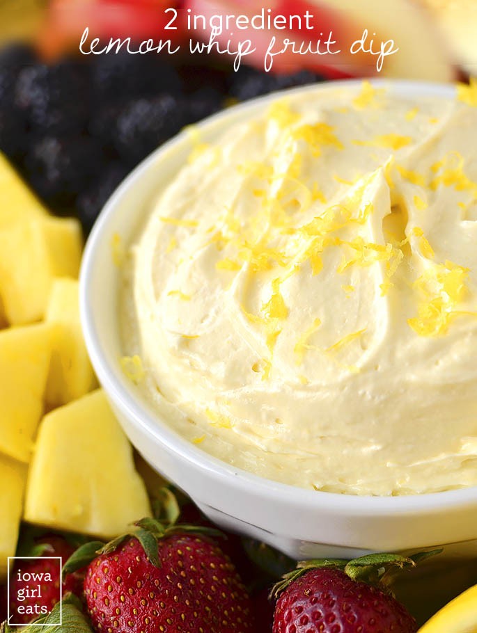 2-Ingredient Lemon Whip Fruit Dip is light and mousse-like in texture, and made with just 2 ingredients. This gluten-free, dairy-free dip is a must-try! | iowagirleats.com