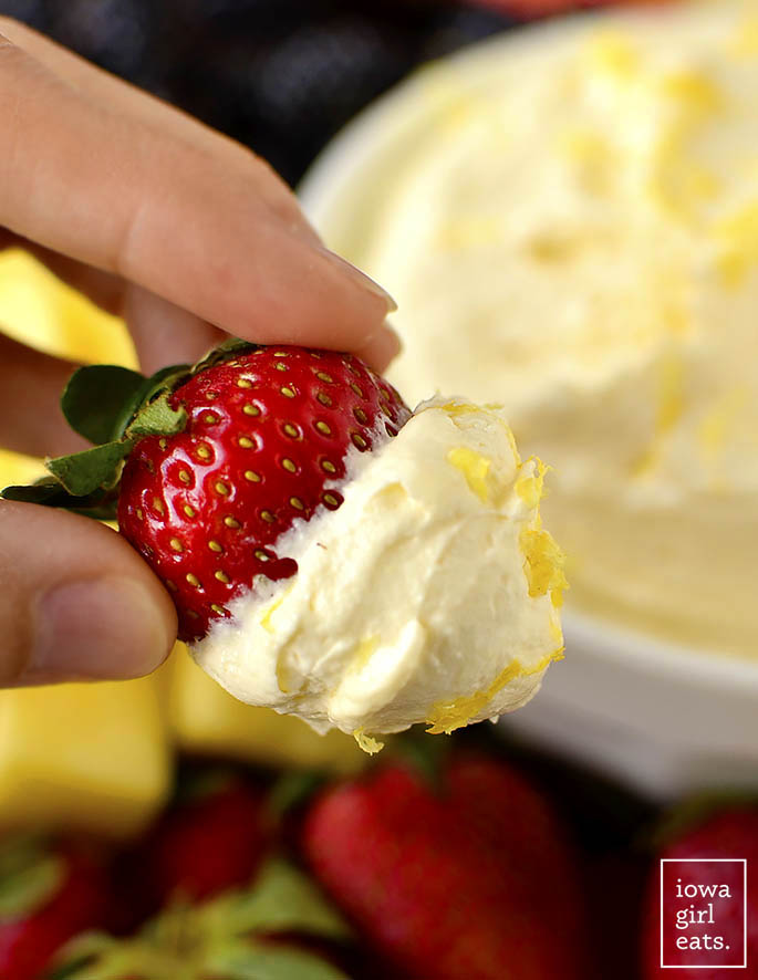 2-Ingredient Lemon Whip Fruit Dip is light and mousse-like in texture, and made with just 2 ingredients. This gluten-free, dairy-free dip is a must-try! | iowagirleats.com