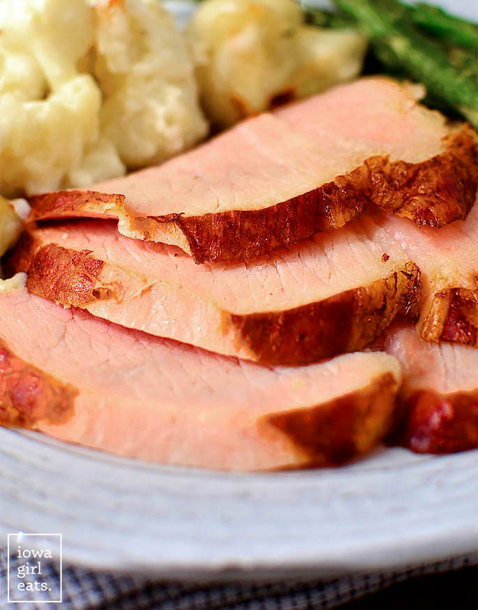 sliced baked ham on a plate