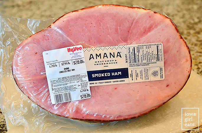 a smoked amana ham on a cutting board