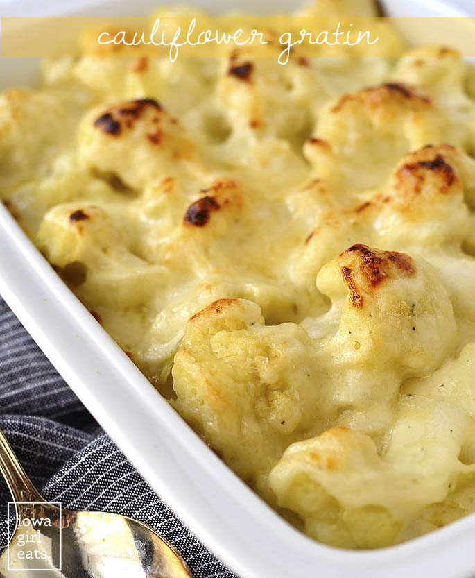 Cauliflower Gratin is perfectly cheesy and unbelievably easy! Serve as a yummy gluten-free and vegetarian side dish with any meal. | iowagirleats.com
