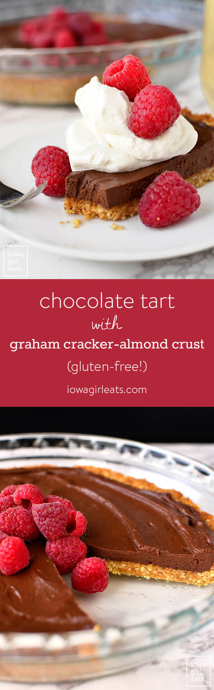 Chocolate Tart with Graham Cracker-Almond Crust is an unbelievably simple yet impressive gluten-free, dairy-free-friendly dessert recipe. Perfect for entertaining! | iowagirleats.com