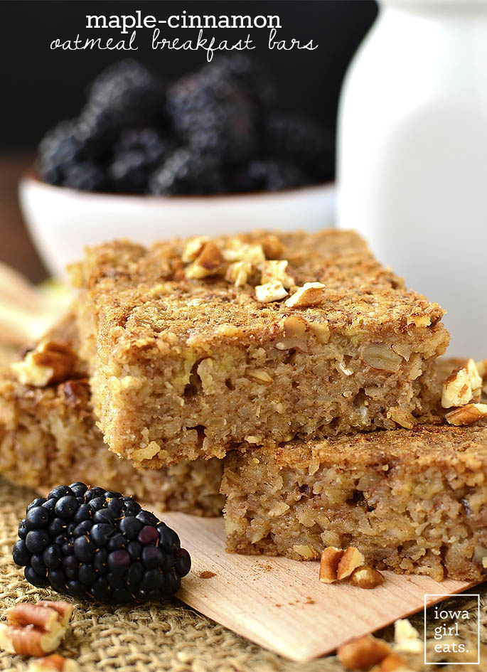 Maple-Cinnamon Oatmeal Breakfast Bars are naturally sweetened and gluten-free. Enjoy as a healthy snack or easy, on-the-go breakfast! | iowagirleats.com