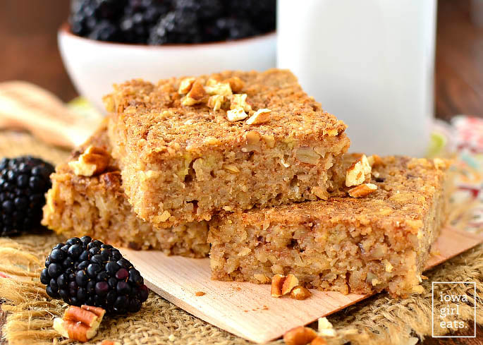 maple cinnamon oatmeal breakfast bars stacked on top of each other