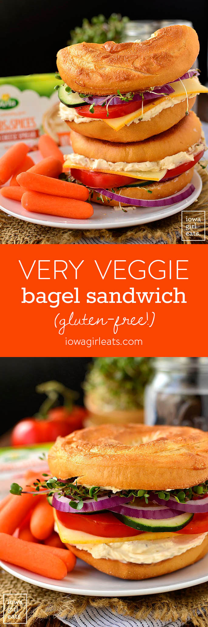 Very Veggie Bagel Sandwich is stuffed with fresh vegetables, herb and spice cream cheese, and mild muenster cheese. A healthy and satisfying breakfast or lunch idea! | iowagirleats.com