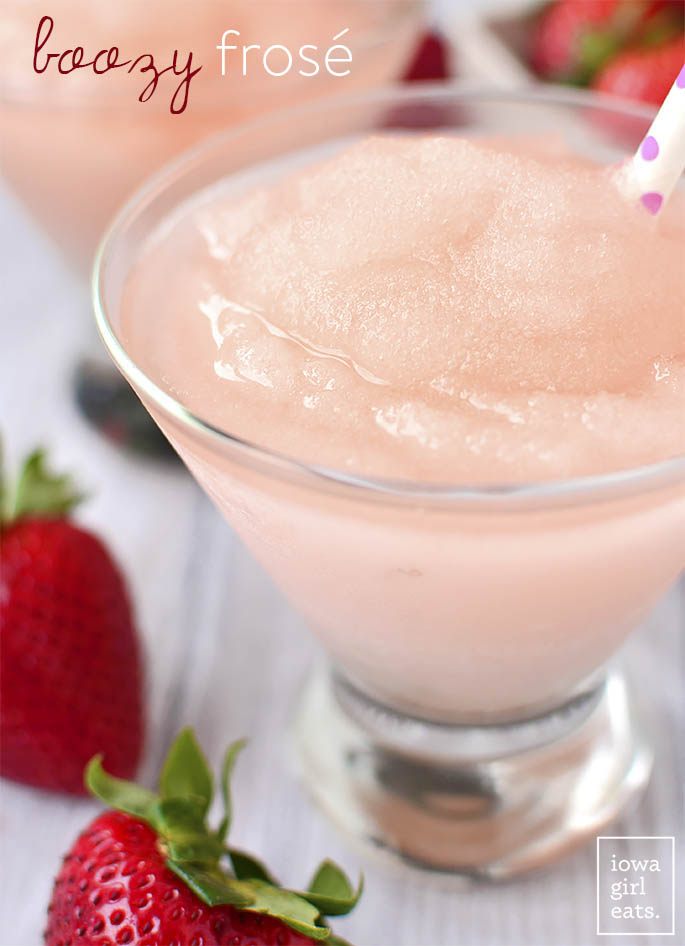 Boozy Frosé is a wine-based summery slushie that's cold and refreshing - and for adults only! This easy cocktail recipe will be a hit at happy hour. | iowagirleats.com