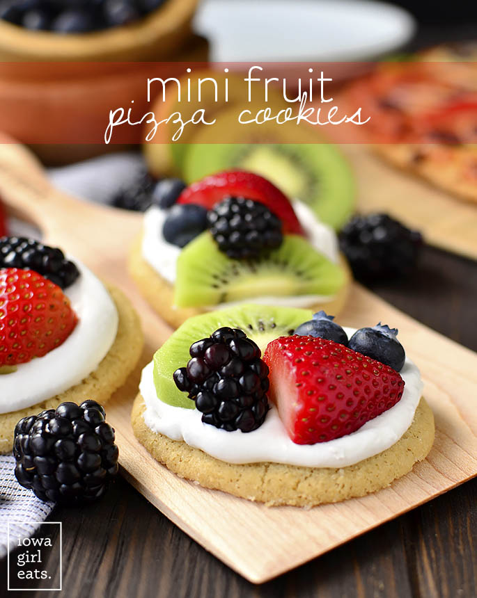 Customize pizza night with Mini Fruit Pizzas plus a DIY pizza toppings bar! This gluten-free dinner and dessert combo is fun, easy, and delicious. | iowagirleats.com
