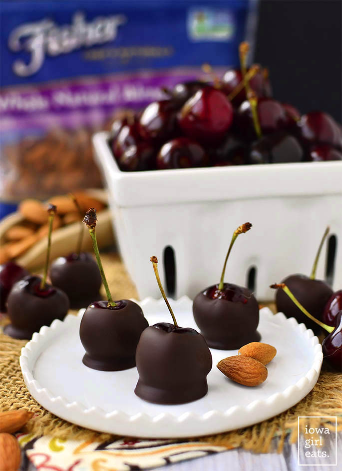 Almond-Stuffed Chocolate Covered Cherries is a simple, 3 ingredient, gluten-free dessert recipe that's ready in minutes! | iowagirleats.com