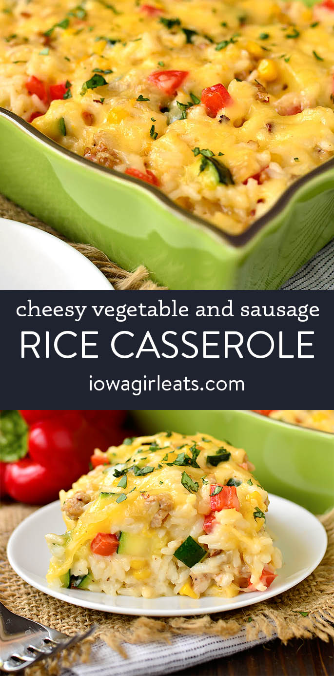 photo collage of cheesy vegetable and sausage rice casserole