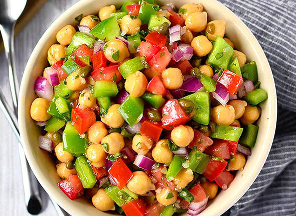 overhead photo of a serving bowl of italian chickpea salad