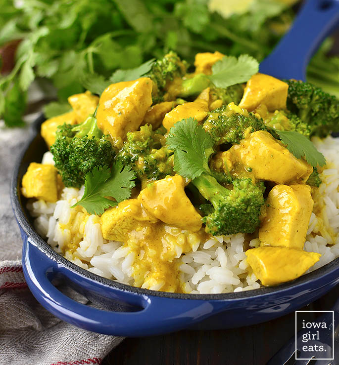 Lick Your Plate Coconut Chicken Curry is incredibly delicious, and simple too! This 1-skillet, gluten-free dinner recipe will be on the table in under 30 minutes. | iowagirleats.com