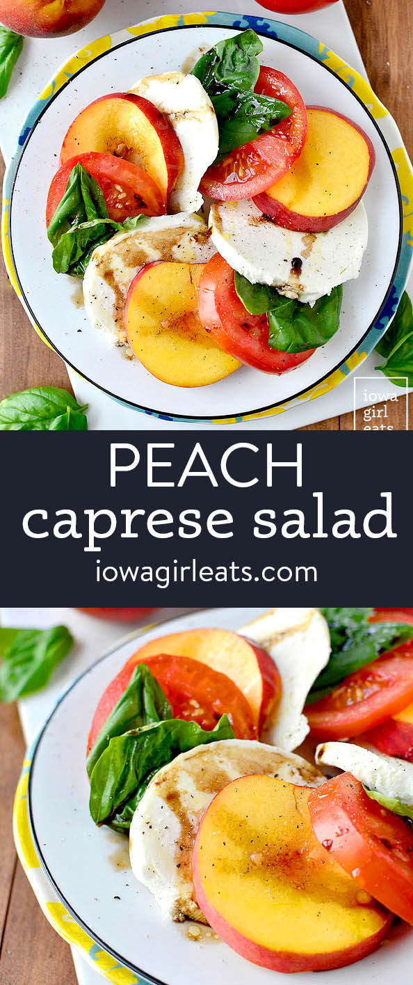 photo collage of a peach caprese salad