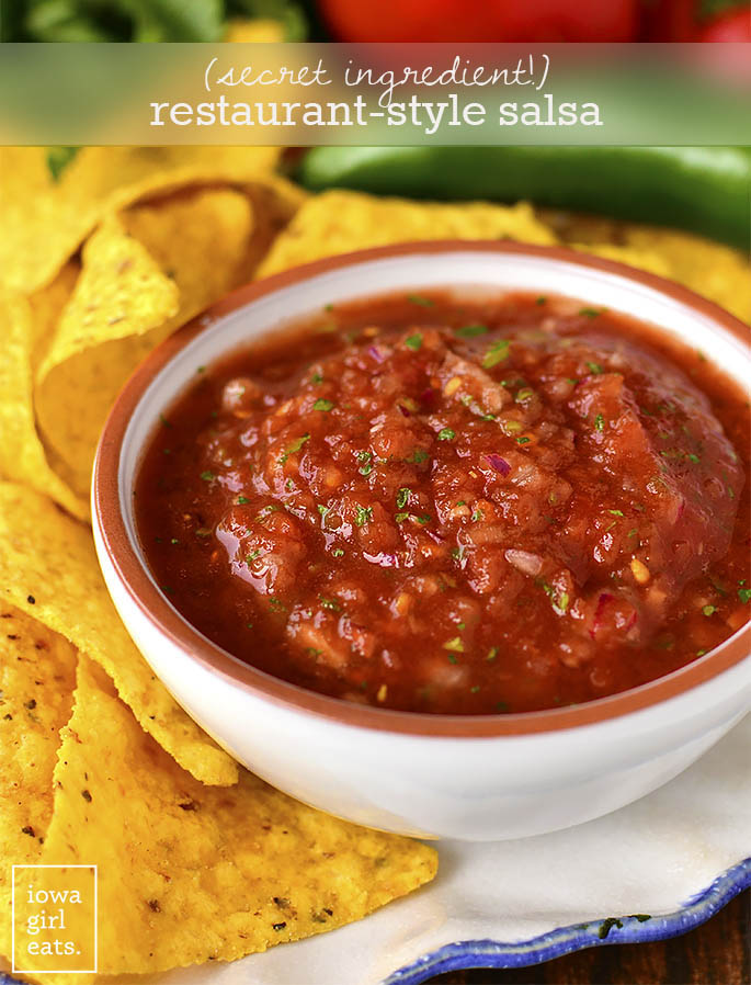Restaurant-Style Salsa is a CINCH to make at home, plus it's much cheaper, too! Learn the ingredient I use to make it taste just like a restaurant's. | iowagirleats.com