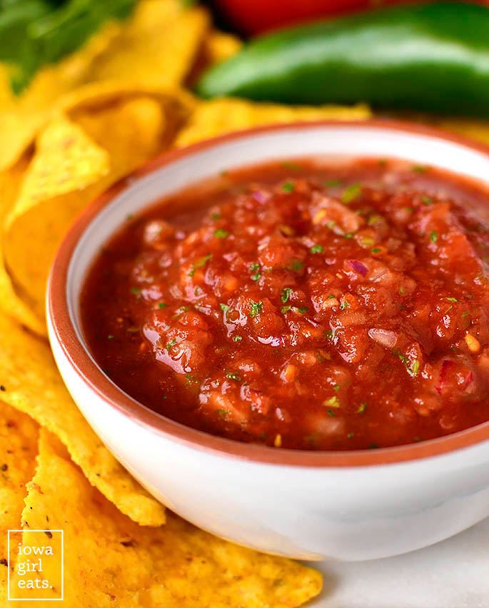 restaurant style salsa in a bowl with chips