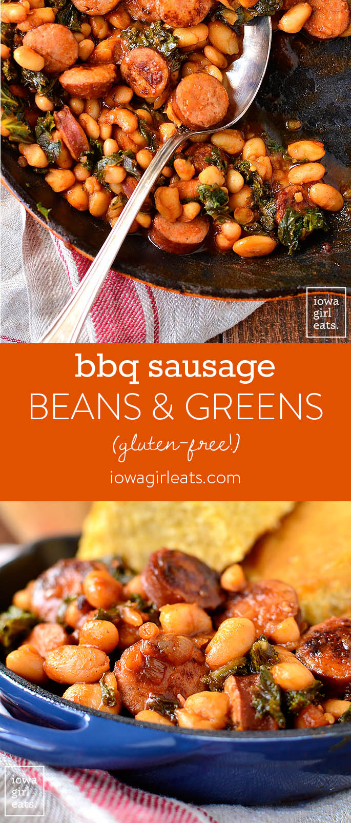 BBQ Sausage, Beans and Greens is an easy gluten-free dinner recipe that calls for just 7 ingredients, and is packed with protein, vitamins, and minerals. | iowagirleats.com