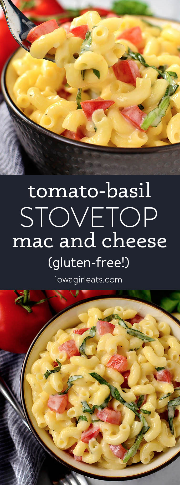 Photo collage of stovetop tomato basil mac and cheese