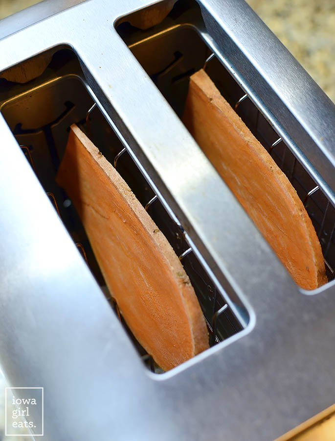Sweet potato slices in a toaster