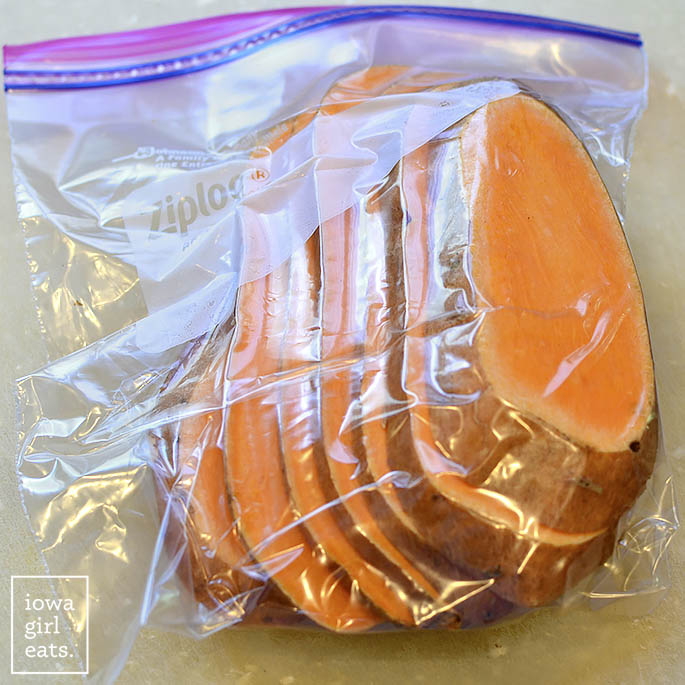 Leftover sweet potato slices in a bag to toast later