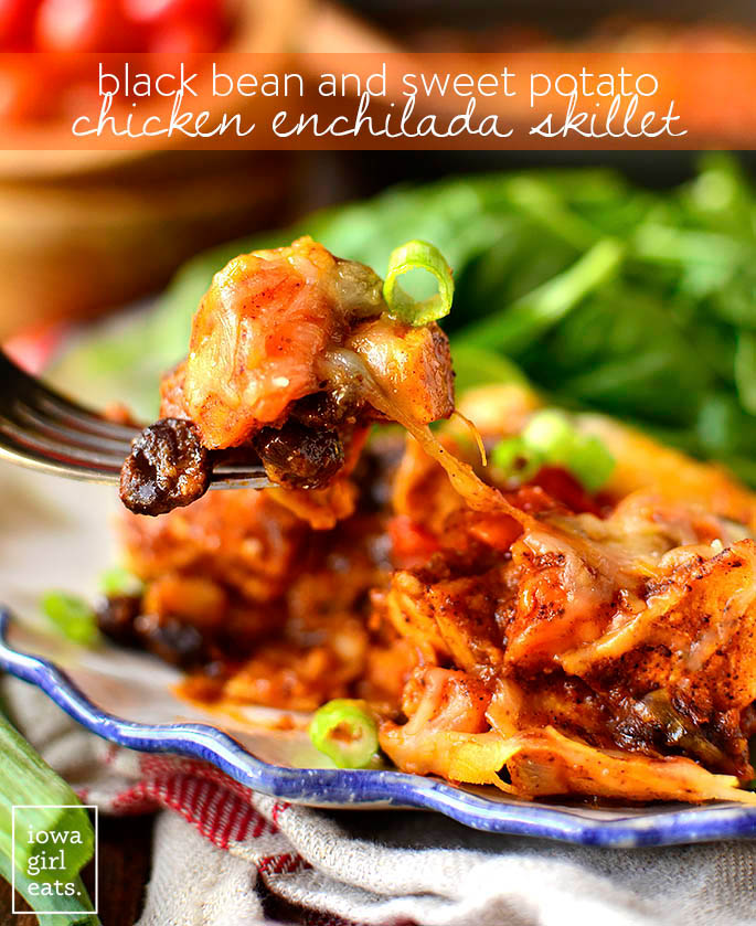 black bean and sweet potato chicken enchilada skillet on a plate