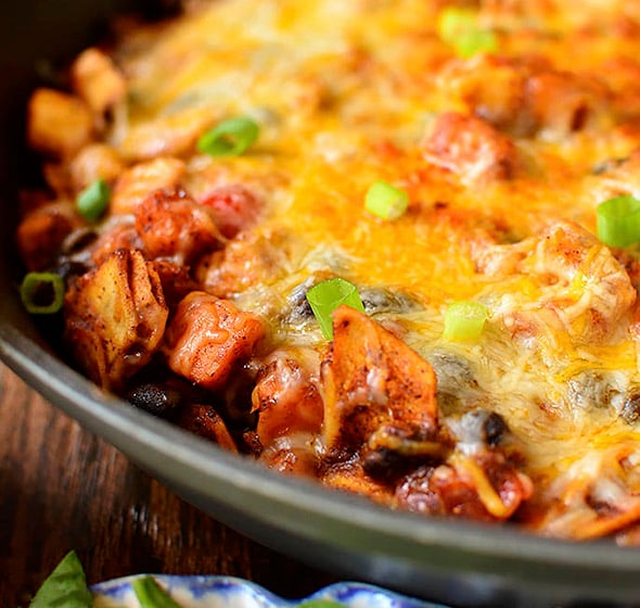 Black Bean and Sweet Potato Chicken Enchilada Skillet