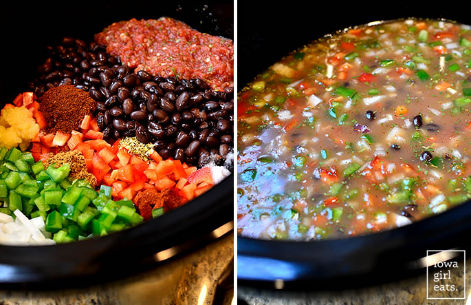 Crock Pot Black Bean and Rice Soup is a filling, healthy, and hearty gluten-free clay pot recipe that