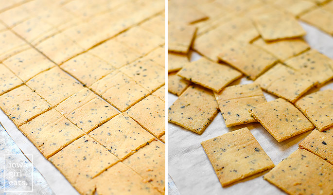 Everything Bagel Seasoning Almond Crackers are gluten-free and high in protein. These 3 ingredient, crunchy crackers are perfect to dunk into your favorite dips with! | iowagirleats.com