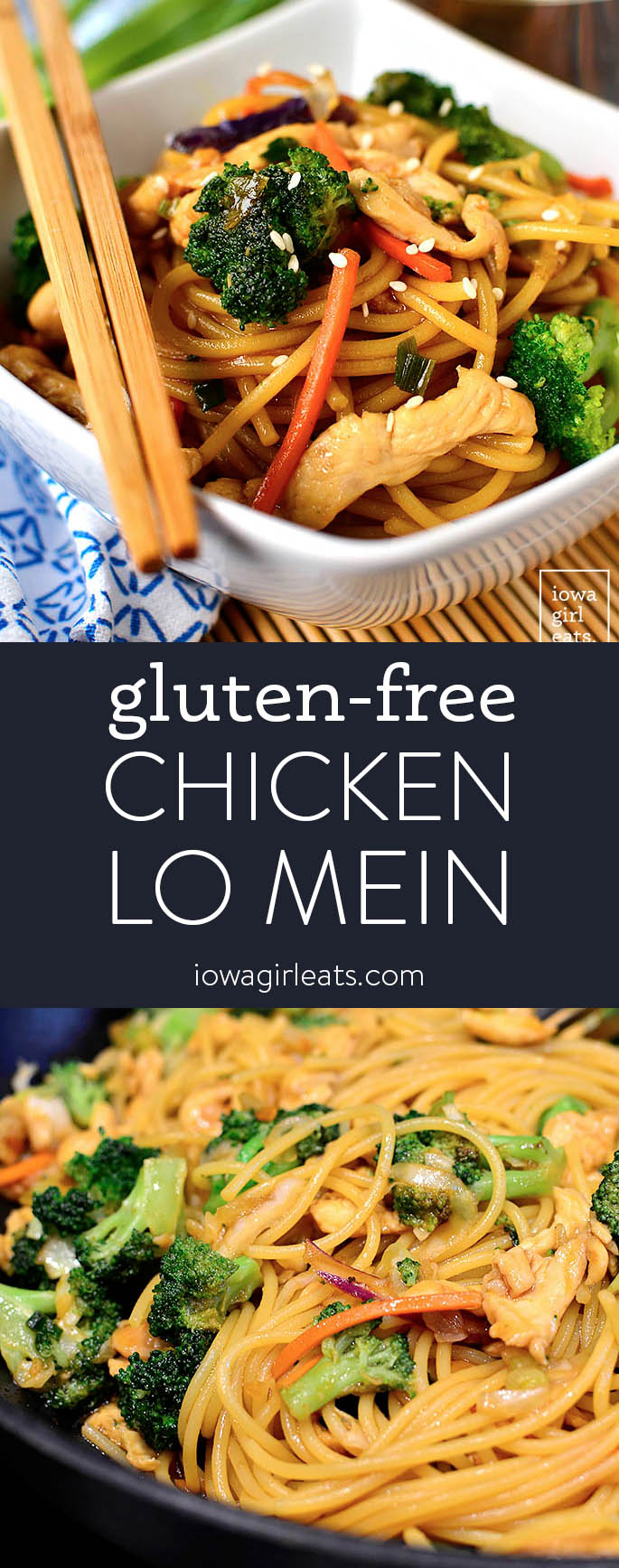 Photo collage of gluten free chicken lo mein