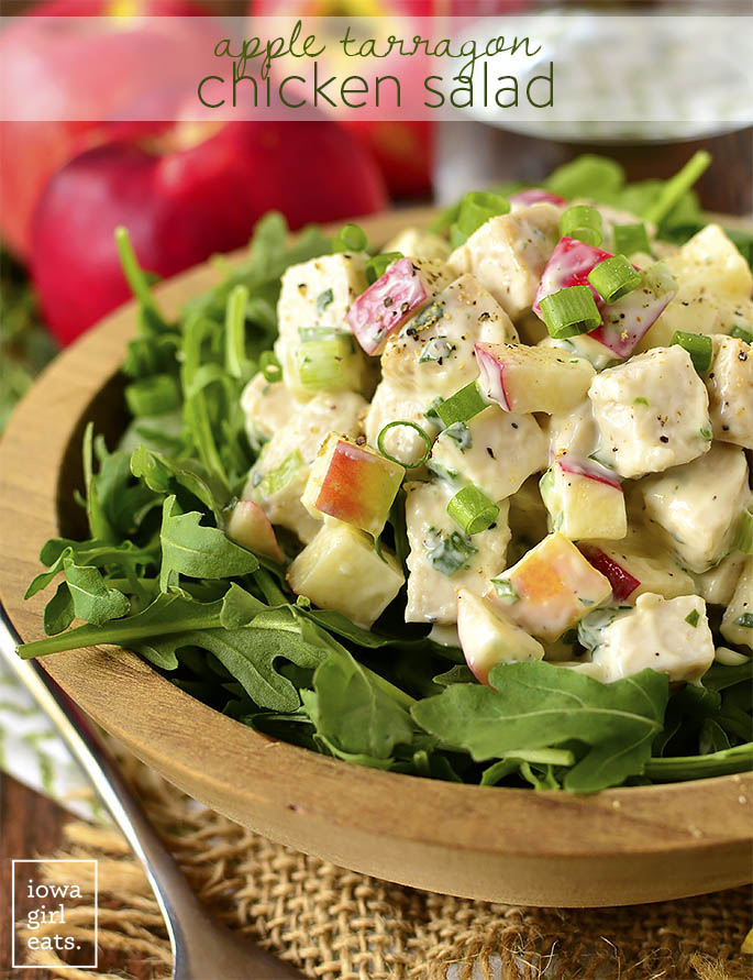 Apple Tarragon Chicken Salad is an easy lunch recipe that's full of fresh flavors. Scoop onto a bed of lettuce, between two bread slices, or make into a mason jar meal! | iowagirleats.com