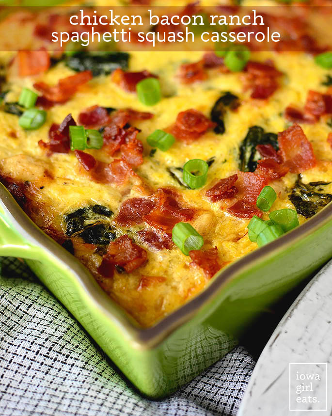 low carb chicken bacon ranch spaghetti squash casserole in a baking dish
